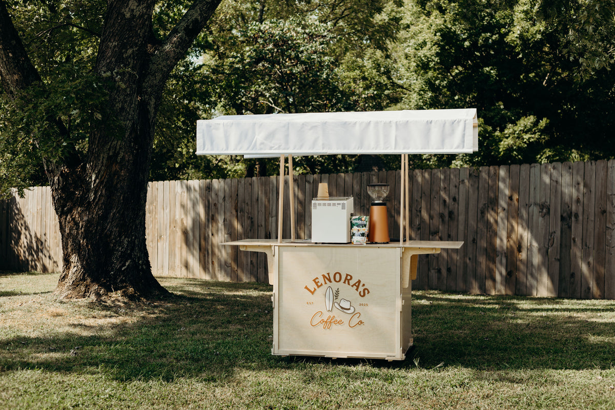 Mobile coffee cart with a white fabric canopy, additional product photo