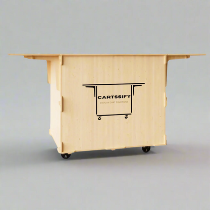 Front view of a mobile coffee cart showcasing a foldable worktop, large storage space, and sturdy design for versatile coffee service.